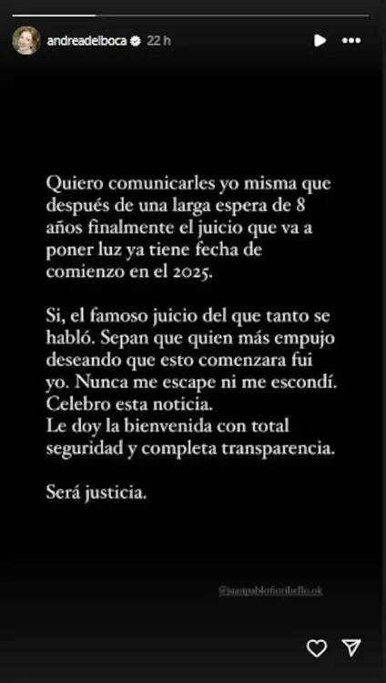 el-comunicado-de-andrea-del-boca-previo-al-inicio-del-juicio-por-el-finaciamiento-de-mama-corazon-foto-instagram-andreadelboca-6YRGGW5FXBGNLOSBYXYIWF7W4Q
